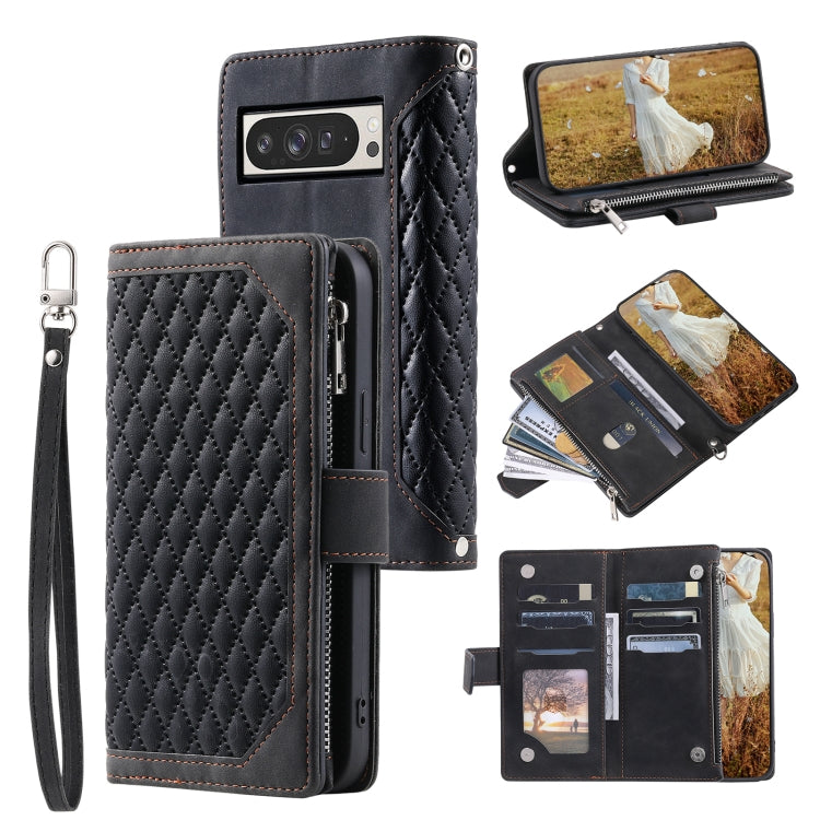Grid Texture Zipper Leather Phone Case with Lanyard