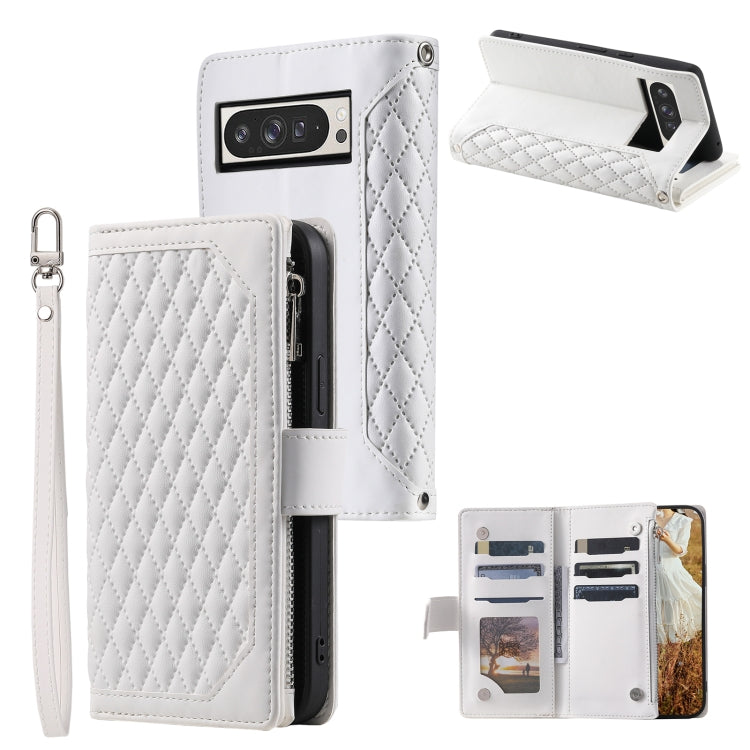 Grid Texture Zipper Leather Phone Case with Lanyard
