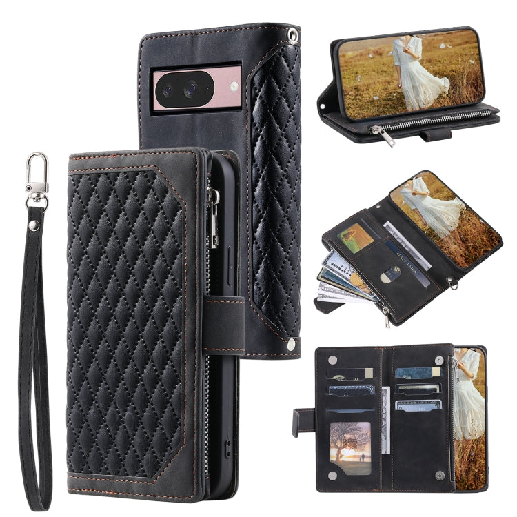 Grid Texture Zipper Leather Phone Case with Lanyard