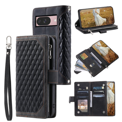 Grid Texture Zipper Leather Phone Case with Lanyard