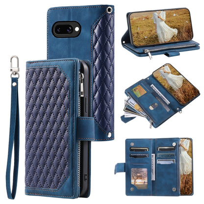 Grid Texture Zipper Leather Phone Case with Lanyard