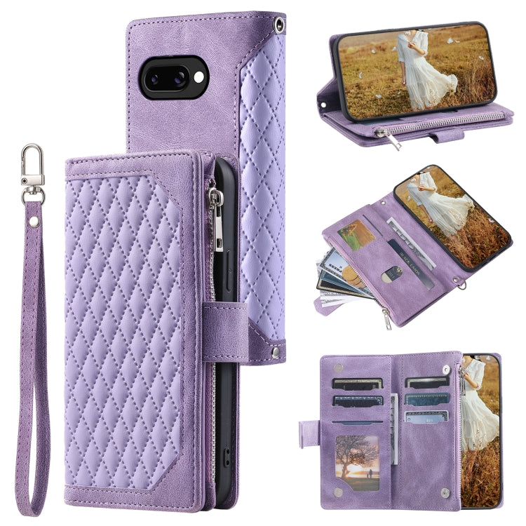 Grid Texture Zipper Leather Phone Case with Lanyard