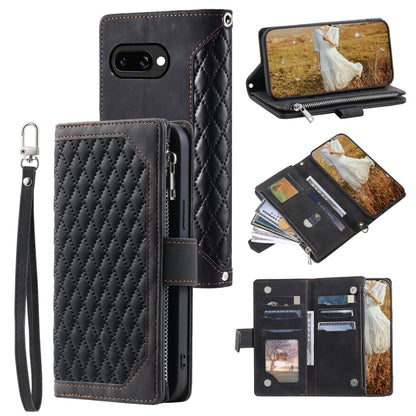 Grid Texture Zipper Leather Phone Case with Lanyard
