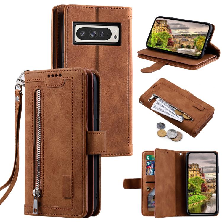 Nine Card Zipper Bag Leather Phone Case with Lanyard, For Google Pixel 10a, For Google Pixel 10 Pro XL, For Google Pixel 10 / 10 Pro, For Google Pixel 9a, For Google Pixel 9 Pro XL, For Google Pixel 9 / 9 Pro