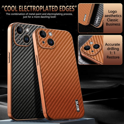 AZNS Electroplated Edge Carbon Fiber Texture Phone Case, For iPhone 15, For iPhone 14 Plus, For iPhone 14, For iPhone 14 Pro, For iPhone 14 Pro Max, For iPhone 13 Pro Max