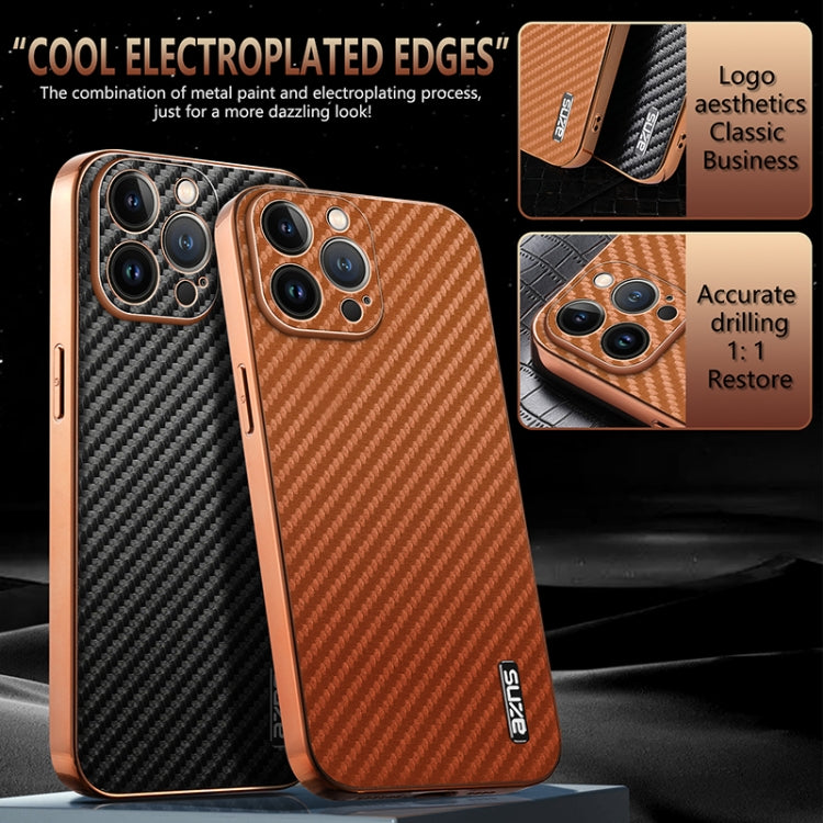 AZNS Electroplated Edge Carbon Fiber Texture Phone Case, For iPhone 12 Pro, For iPhone 11, For iPhone 11 Pro
