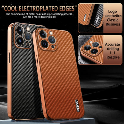 AZNS Electroplated Edge Carbon Fiber Texture Phone Case, For iPhone 12 Pro, For iPhone 11, For iPhone 11 Pro