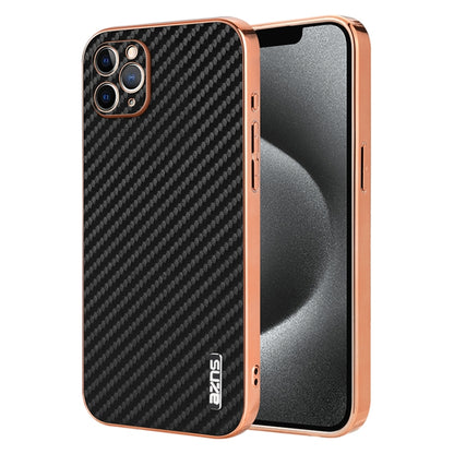 AZNS Electroplated Edge Carbon Fiber Texture Phone Case, For iPhone 12 Pro, For iPhone 11, For iPhone 11 Pro
