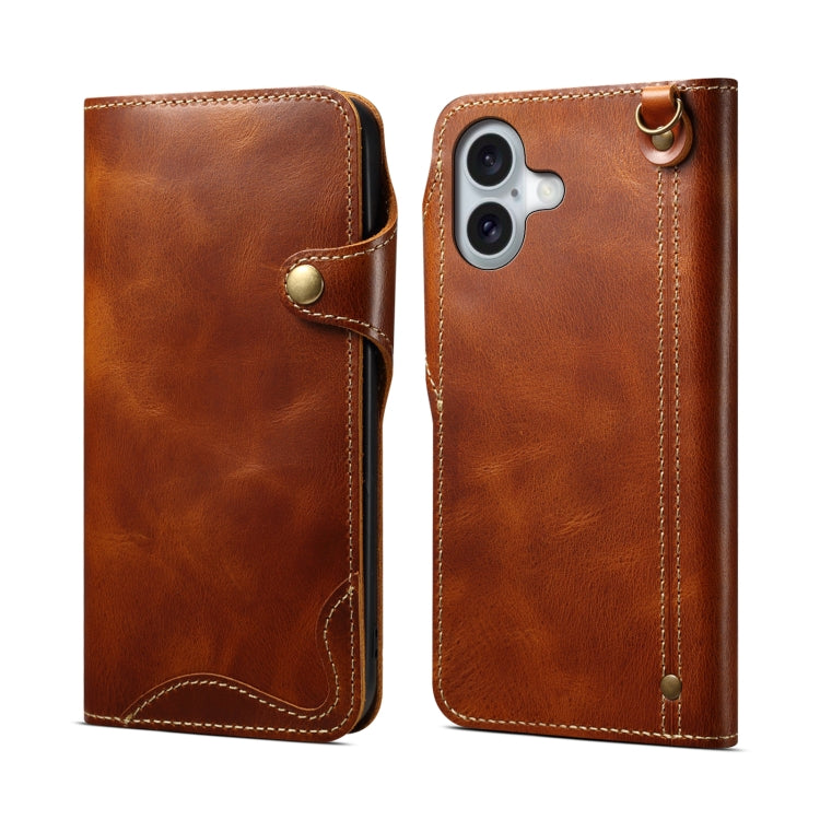 Denior B01 Oil Wax Cowhide Magnetic Button Genuine Leather Case, For iPhone 16