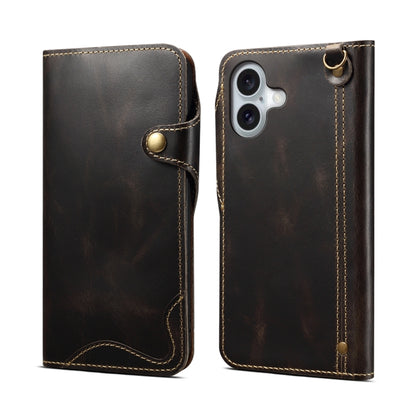 Denior B01 Oil Wax Cowhide Magnetic Button Genuine Leather Case, For iPhone 17e / 16e, For iPhone 16 Pro Max, For iPhone 16 Pro, For iPhone 16 Plus