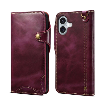 Denior B01 Oil Wax Cowhide Magnetic Button Genuine Leather Case, For iPhone 17e / 16e, For iPhone 16 Pro Max, For iPhone 16 Pro, For iPhone 16 Plus