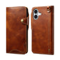 Denior B01 Oil Wax Cowhide Magnetic Button Genuine Leather Case, For iPhone 17e / 16e, For iPhone 16 Pro Max, For iPhone 16 Pro, For iPhone 16 Plus