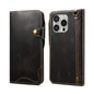 Denior B01 Oil Wax Cowhide Magnetic Button Genuine Leather Case, For iPhone 17e / 16e, For iPhone 16 Pro Max, For iPhone 16 Pro, For iPhone 16 Plus