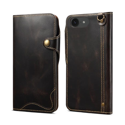 Denior B01 Oil Wax Cowhide Magnetic Button Genuine Leather Case, For iPhone 17e / 16e, For iPhone 16 Pro Max, For iPhone 16 Pro, For iPhone 16 Plus