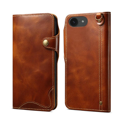 Denior B01 Oil Wax Cowhide Magnetic Button Genuine Leather Case, For iPhone 17e / 16e, For iPhone 16 Pro Max, For iPhone 16 Pro, For iPhone 16 Plus