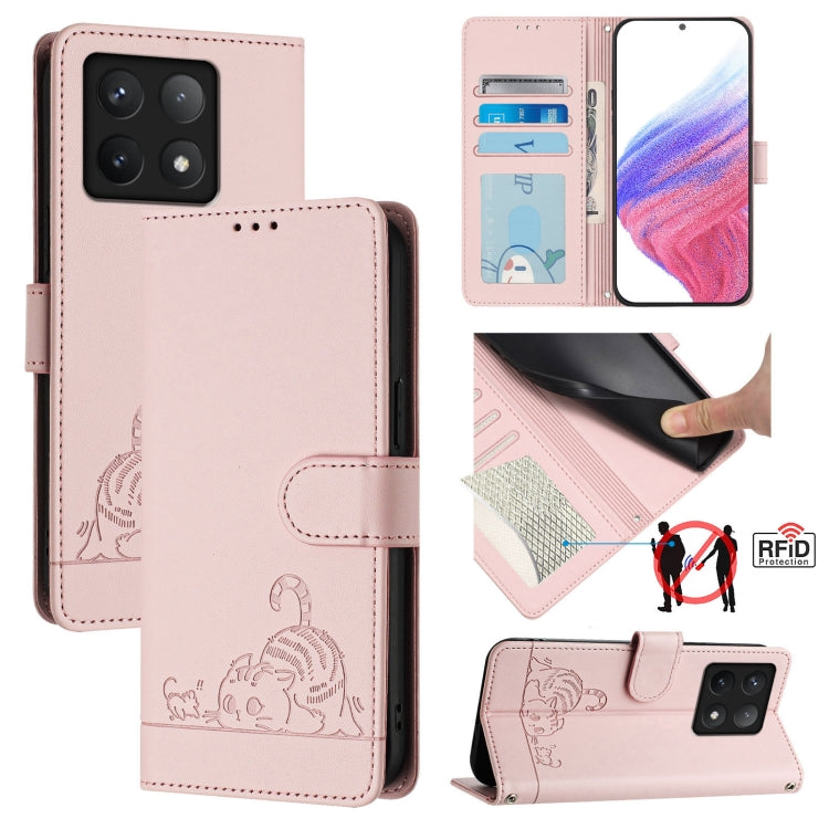 Cat Rat Embossed Pattern RFID Leather Phone Case with Lanyard, For Xiaomi 15 Ultra, For Xiaomi 14T Pro, For Xiaomi 14T