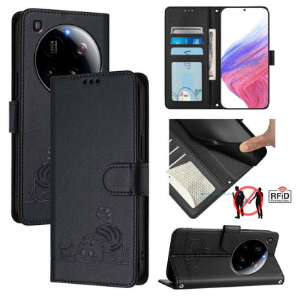 Cat Rat Embossed Pattern RFID Leather Phone Case with Lanyard