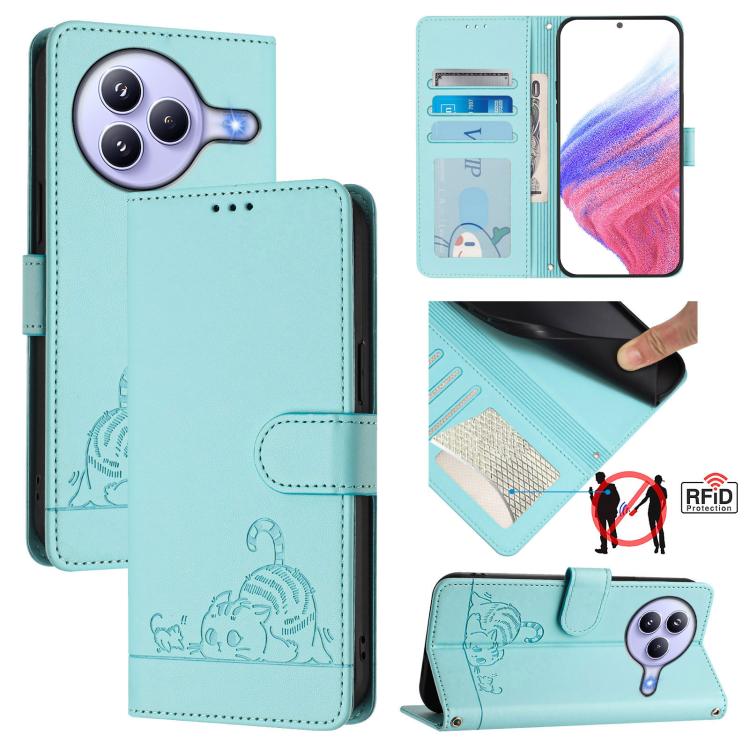 Cat Rat Embossed Pattern RFID Leather Phone Case with Lanyard, For Xiaomi 15T 5G, For Xiaomi Civi 5 Pro 5G, For Xiaomi 15S Pro 5G, For Xiaomi Poco M7 5G / C75 4G