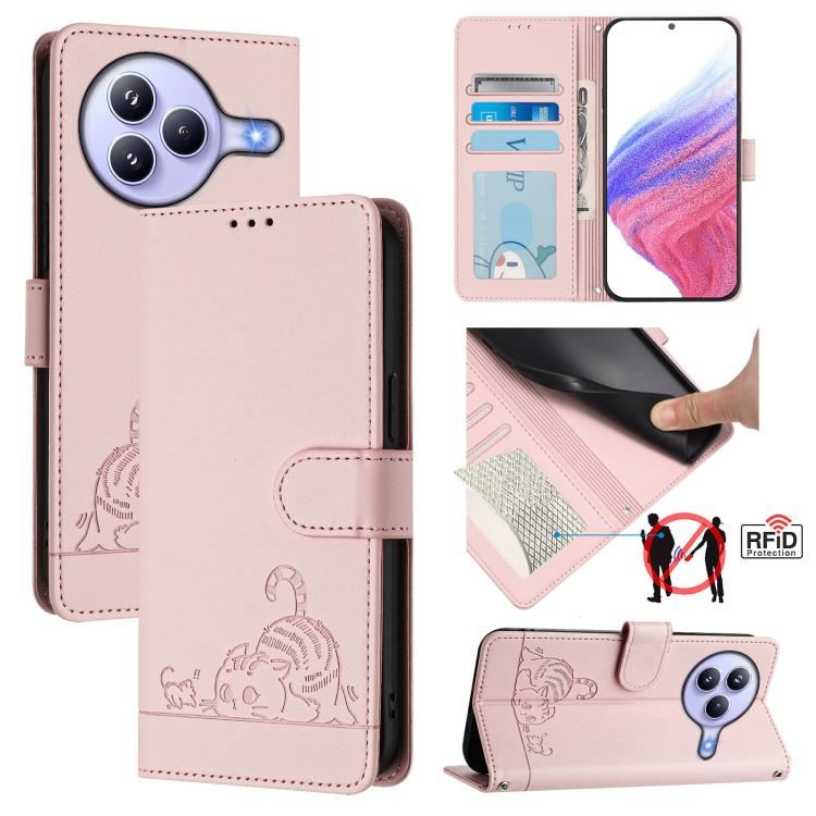Cat Rat Embossed Pattern RFID Leather Phone Case with Lanyard, For Xiaomi 15T 5G, For Xiaomi Civi 5 Pro 5G, For Xiaomi 15S Pro 5G, For Xiaomi Poco M7 5G / C75 4G