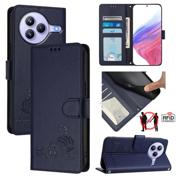 Cat Rat Embossed Pattern RFID Leather Phone Case with Lanyard, For Xiaomi 15T 5G, For Xiaomi Civi 5 Pro 5G, For Xiaomi 15S Pro 5G, For Xiaomi Poco M7 5G / C75 4G