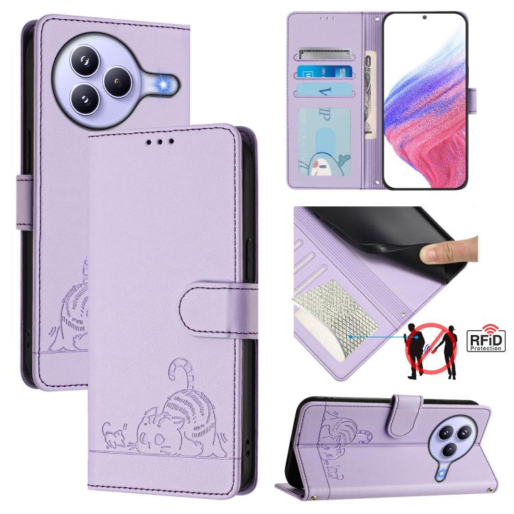Cat Rat Embossed Pattern RFID Leather Phone Case with Lanyard, For Xiaomi 15T 5G, For Xiaomi Civi 5 Pro 5G, For Xiaomi 15S Pro 5G, For Xiaomi Poco M7 5G / C75 4G