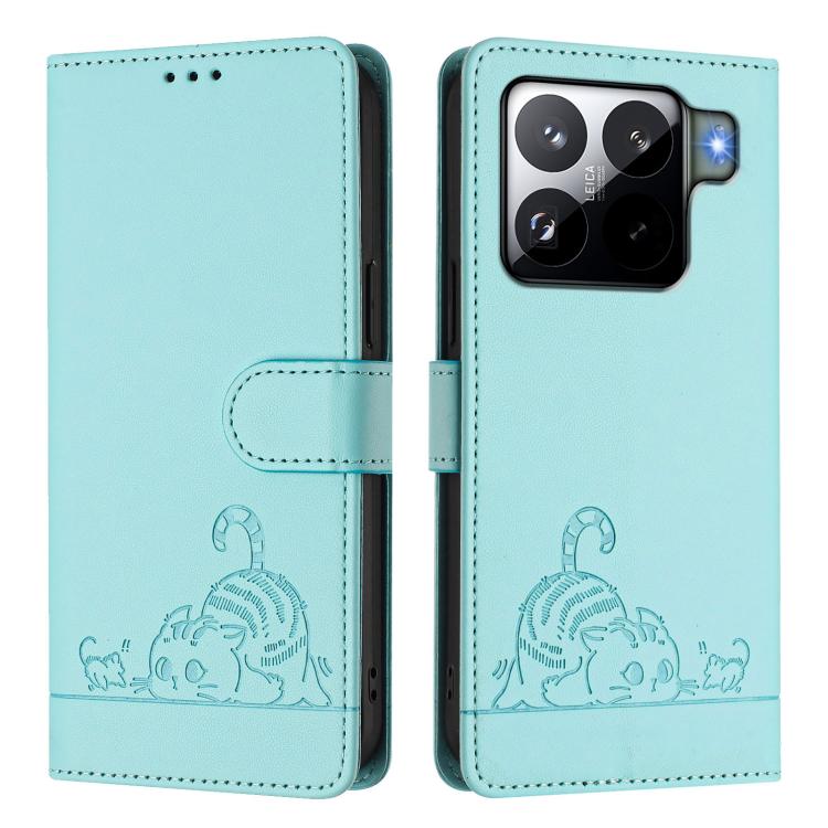 Cat Rat Embossed Pattern RFID Leather Phone Case with Lanyard