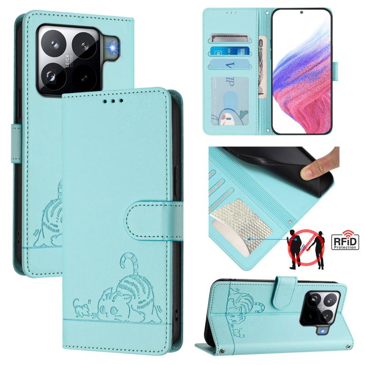 Cat Rat Embossed Pattern RFID Leather Phone Case with Lanyard, For Xiaomi 15T 5G, For Xiaomi Civi 5 Pro 5G, For Xiaomi 15S Pro 5G, For Xiaomi Poco M7 5G / C75 4G