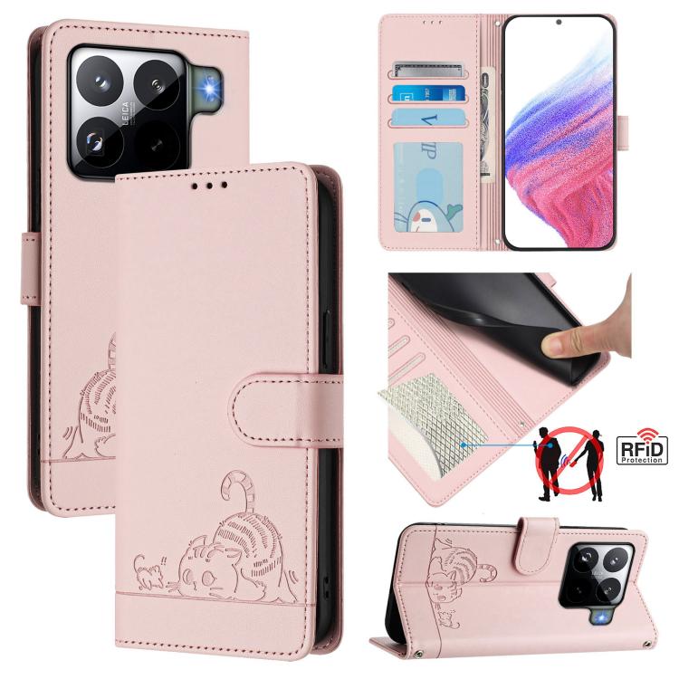 Cat Rat Embossed Pattern RFID Leather Phone Case with Lanyard, For Xiaomi 15T 5G, For Xiaomi Civi 5 Pro 5G, For Xiaomi 15S Pro 5G, For Xiaomi Poco M7 5G / C75 4G