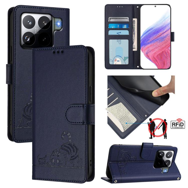 Cat Rat Embossed Pattern RFID Leather Phone Case with Lanyard, For Xiaomi 15T 5G, For Xiaomi Civi 5 Pro 5G, For Xiaomi 15S Pro 5G, For Xiaomi Poco M7 5G / C75 4G