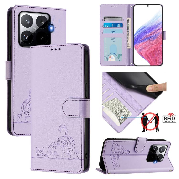 Cat Rat Embossed Pattern RFID Leather Phone Case with Lanyard
