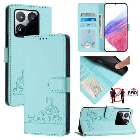Cat Rat Embossed Pattern RFID Leather Phone Case with Lanyard, For Xiaomi 15T 5G, For Xiaomi Civi 5 Pro 5G, For Xiaomi 15S Pro 5G, For Xiaomi Poco M7 5G / C75 4G