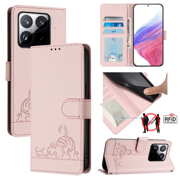 Cat Rat Embossed Pattern RFID Leather Phone Case with Lanyard, For Xiaomi 15T 5G, For Xiaomi Civi 5 Pro 5G, For Xiaomi 15S Pro 5G, For Xiaomi Poco M7 5G / C75 4G