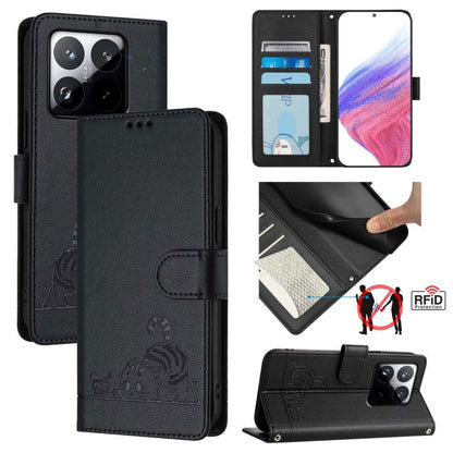 Cat Rat Embossed Pattern RFID Leather Phone Case with Lanyard, For Xiaomi 15T 5G, For Xiaomi Civi 5 Pro 5G, For Xiaomi 15S Pro 5G, For Xiaomi Poco M7 5G / C75 4G