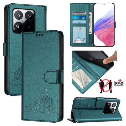 Cat Rat Embossed Pattern RFID Leather Phone Case with Lanyard, For Xiaomi 15T 5G, For Xiaomi Civi 5 Pro 5G, For Xiaomi 15S Pro 5G, For Xiaomi Poco M7 5G / C75 4G