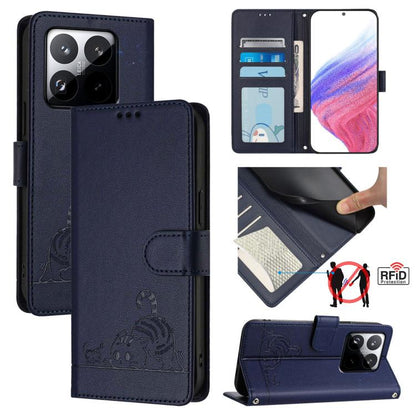 Cat Rat Embossed Pattern RFID Leather Phone Case with Lanyard, For Xiaomi 15T 5G, For Xiaomi Civi 5 Pro 5G, For Xiaomi 15S Pro 5G, For Xiaomi Poco M7 5G / C75 4G
