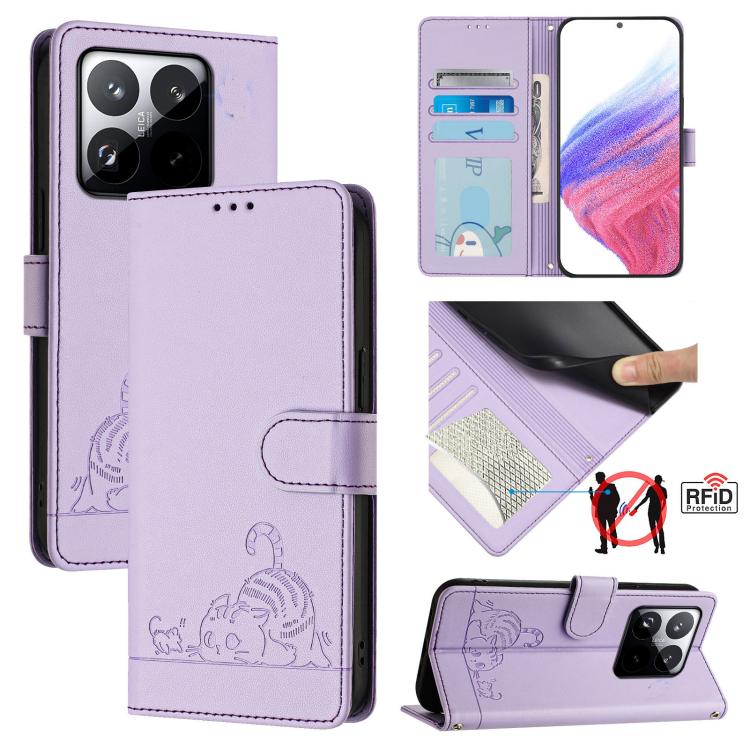 Cat Rat Embossed Pattern RFID Leather Phone Case with Lanyard, For Xiaomi 15T 5G, For Xiaomi Civi 5 Pro 5G, For Xiaomi 15S Pro 5G, For Xiaomi Poco M7 5G / C75 4G
