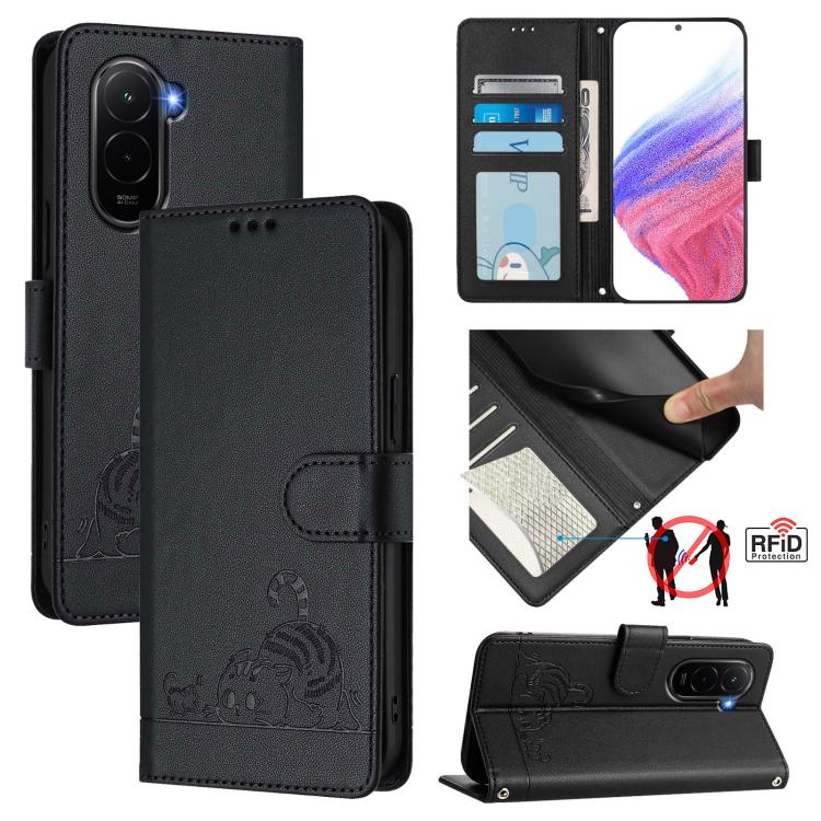 Cat Rat Embossed Pattern RFID Leather Phone Case with Lanyard, For Xiaomi 17 Max 5G, For Xiaomi 17T Pro 5G, For Xiaomi Poco M7 4G 169mm, For Xiaomi 15T Pro 5G