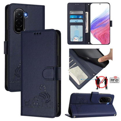Cat Rat Embossed Pattern RFID Leather Phone Case with Lanyard, For Xiaomi 17 Max 5G, For Xiaomi 17T Pro 5G, For Xiaomi Poco M7 4G 169mm, For Xiaomi 15T Pro 5G