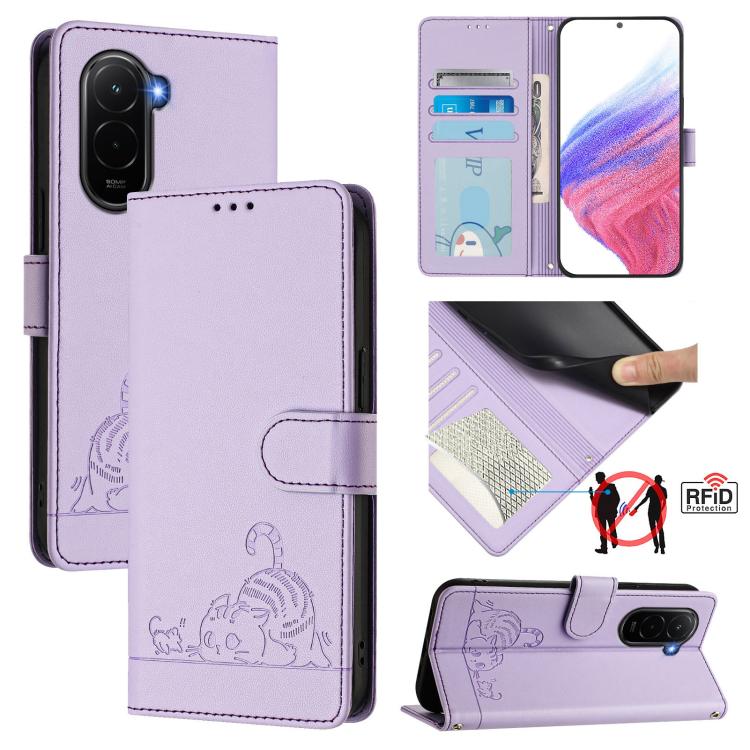Cat Rat Embossed Pattern RFID Leather Phone Case with Lanyard, For Xiaomi 17 Max 5G, For Xiaomi 17T Pro 5G, For Xiaomi Poco M7 4G 169mm, For Xiaomi 15T Pro 5G
