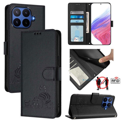 Cat Rat Embossed Pattern RFID Leather Phone Case with Lanyard, For Xiaomi 17 Max 5G, For Xiaomi 17T Pro 5G, For Xiaomi Poco M7 4G 169mm, For Xiaomi 15T Pro 5G