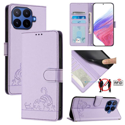 Cat Rat Embossed Pattern RFID Leather Phone Case with Lanyard, For Xiaomi 17 Max 5G, For Xiaomi 17T Pro 5G, For Xiaomi Poco M7 4G 169mm, For Xiaomi 15T Pro 5G