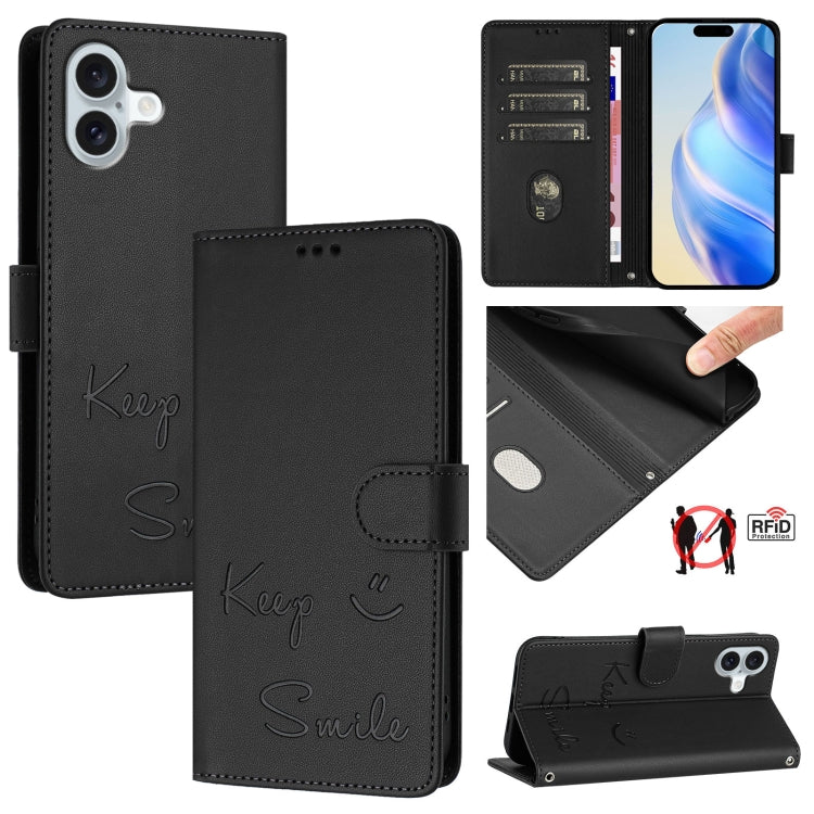 Smile Embossing RFID Leather Phone Case, For iPhone SE 2024, For iPhone 16 Pro Max, For iPhone 16 Pro, For iPhone 16 Plus