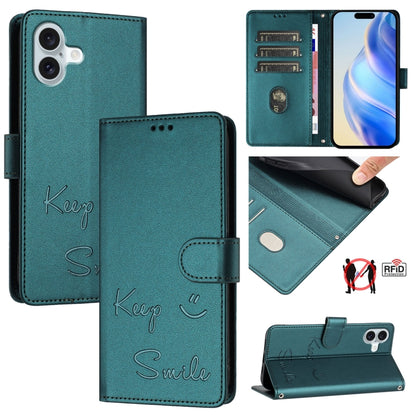 Smile Embossing RFID Leather Phone Case, For iPhone SE 2024, For iPhone 16 Pro Max, For iPhone 16 Pro, For iPhone 16 Plus