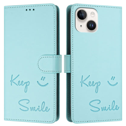 Smile Embossing RFID Leather Phone Case, For iPhone 15, For iPhone 14 Plus, For iPhone 14 / 13, For iPhone 14 Pro