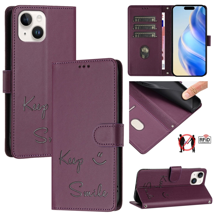 Smile Embossing RFID Leather Phone Case, For iPhone 15, For iPhone 14 Plus, For iPhone 14 / 13, For iPhone 14 Pro