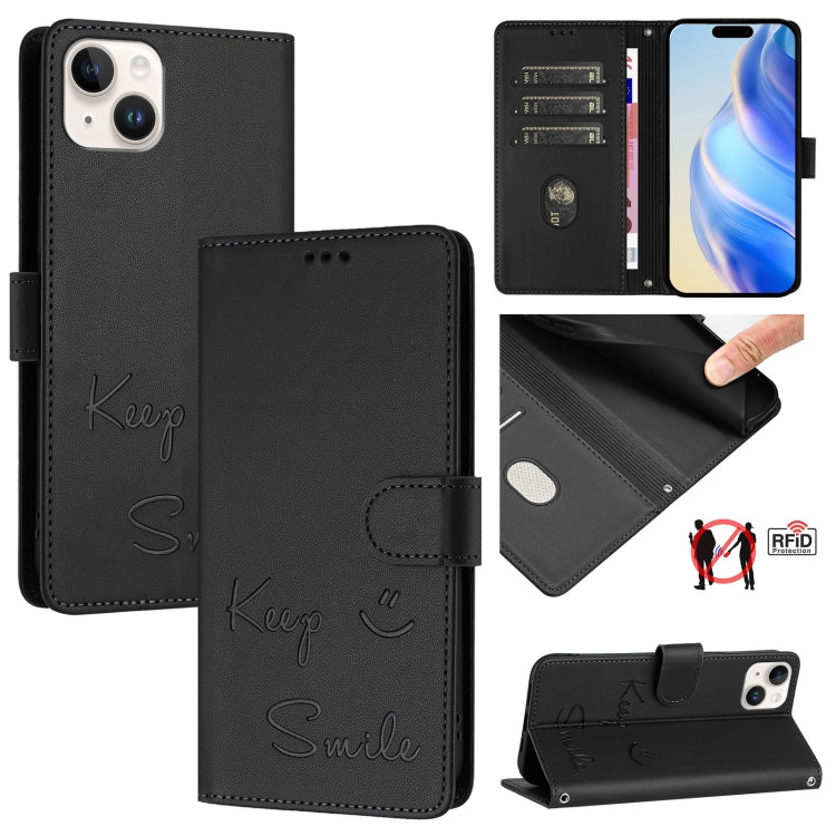 Smile Embossing RFID Leather Phone Case, For iPhone 15, For iPhone 14 Plus, For iPhone 14 / 13, For iPhone 14 Pro