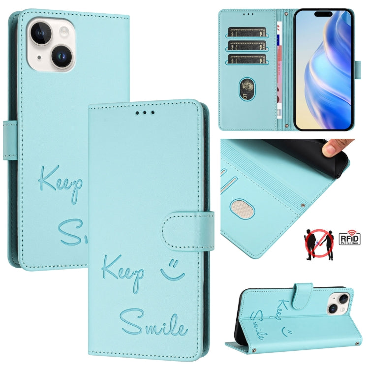 Smile Embossing RFID Leather Phone Case, For iPhone 15, For iPhone 14 Plus, For iPhone 14 / 13, For iPhone 14 Pro