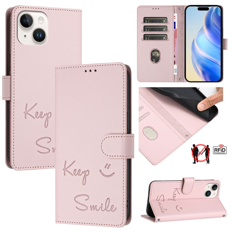 Smile Embossing RFID Leather Phone Case, For iPhone 15, For iPhone 14 Plus, For iPhone 14 / 13, For iPhone 14 Pro
