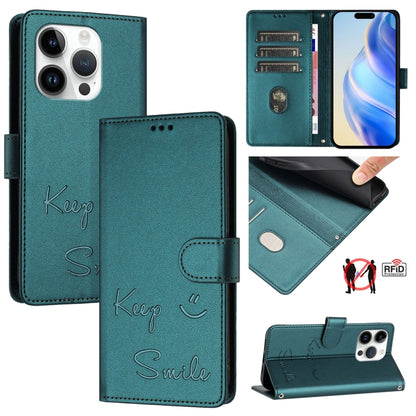 Smile Embossing RFID Leather Phone Case, For iPhone 15, For iPhone 14 Plus, For iPhone 14 / 13, For iPhone 14 Pro
