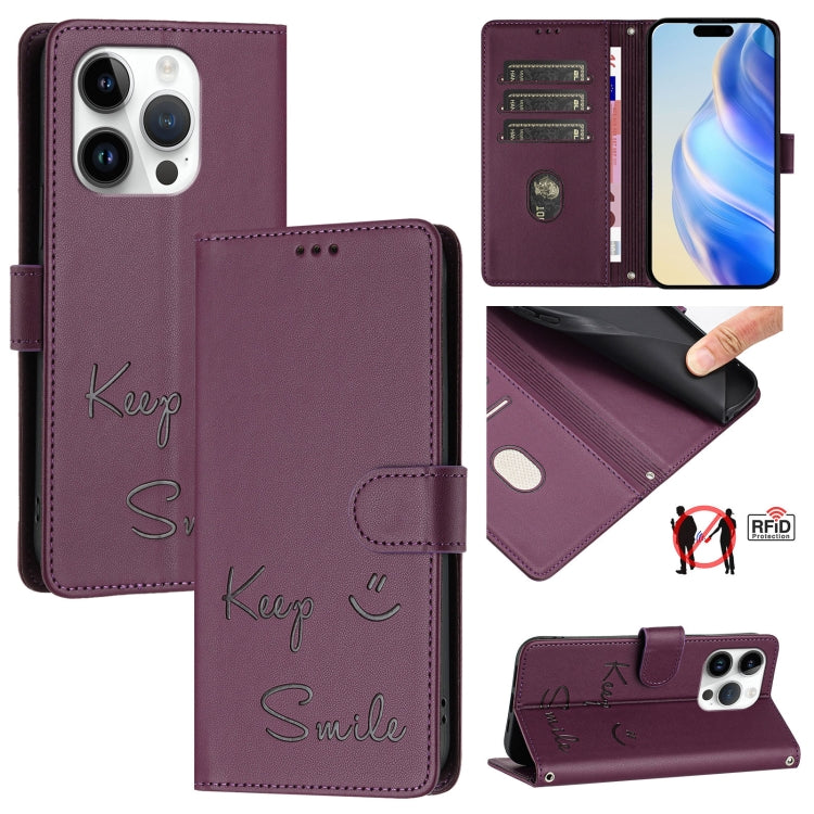 Smile Embossing RFID Leather Phone Case, For iPhone 15, For iPhone 14 Plus, For iPhone 14 / 13, For iPhone 14 Pro